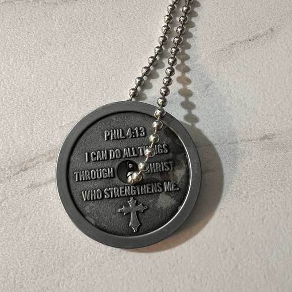 “Classic" Antique Finish Weight Plate Necklace, Philippians 4:13, approx. 22” - Picture 2 of 5